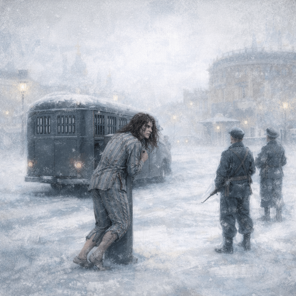 Snow-covered city street with blurred figures and street lamps in soft focus