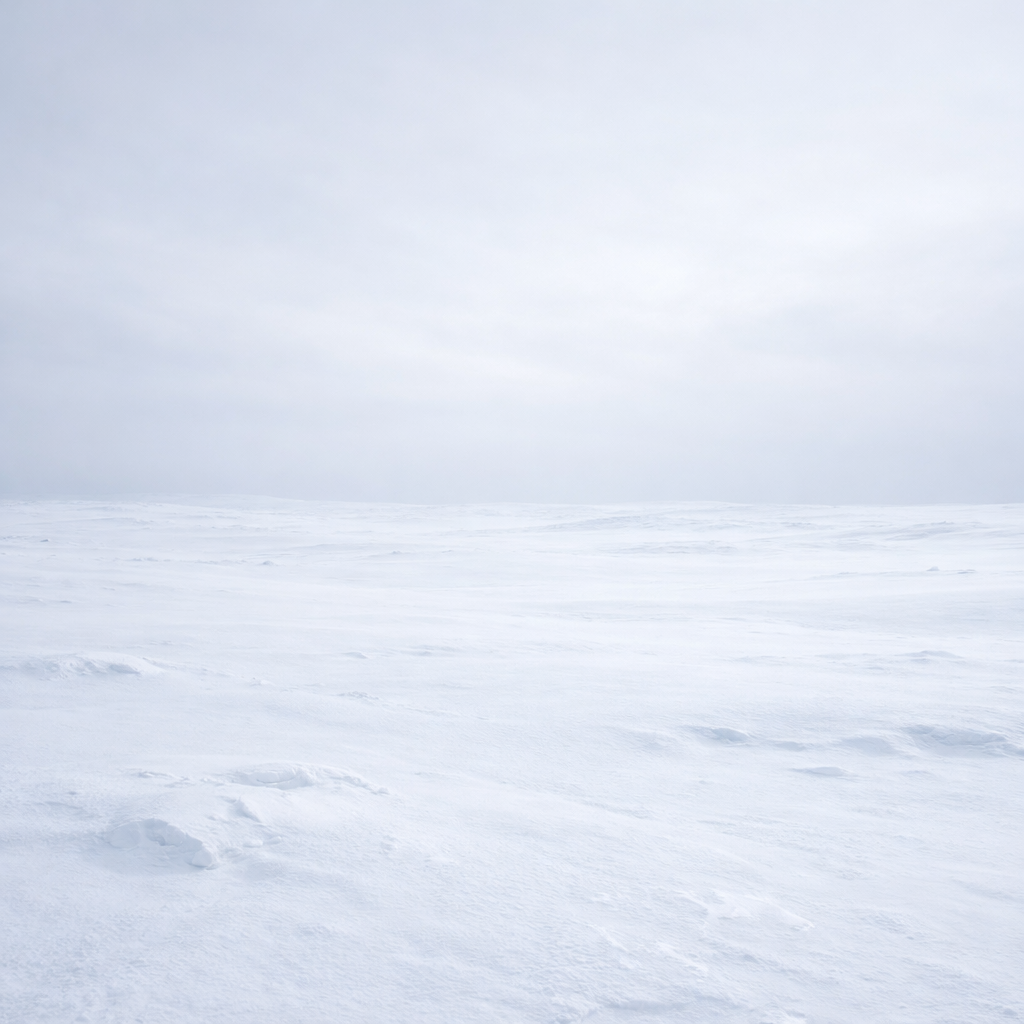 Snow-covered flat landscape with cloudy sky overhead