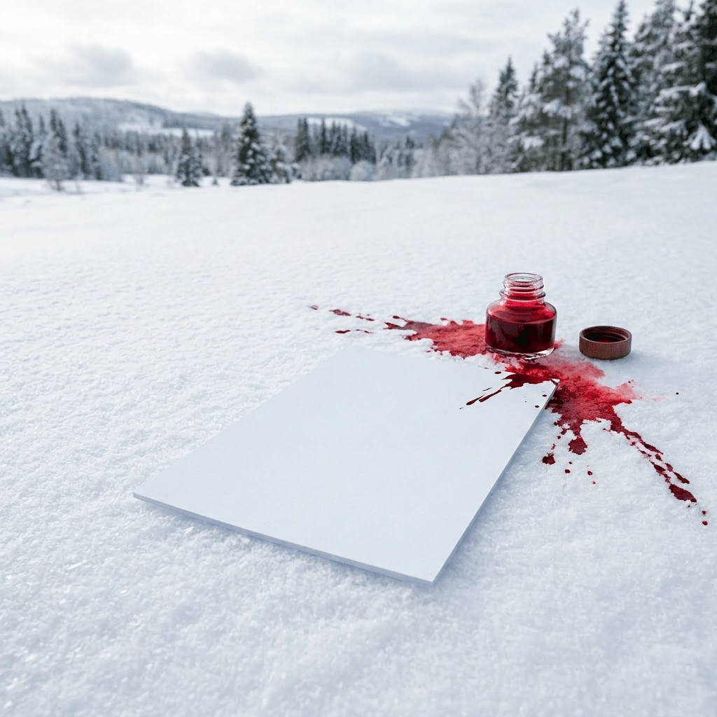 Blank white paper sheet placed on fresh snow in a snowy field with trees in background