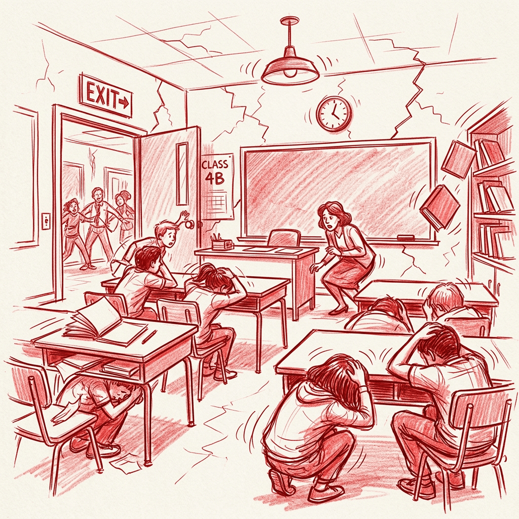 Students and teacher crouching and covering heads during earthquake drill in classroom labeled Class 4B
