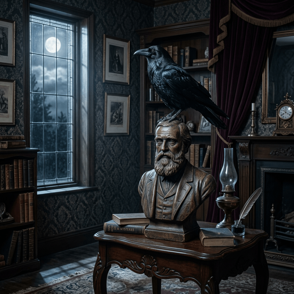 Raven sitting on a wooden bust of a bearded man on a table in a Victorian study with books, an oil lamp, and a window showing a full moon outside
