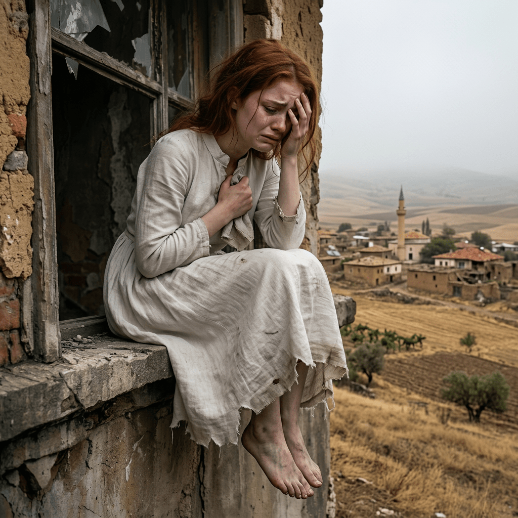 Gothic woman with black dress and heavy boots sitting on ledge of crumbling building