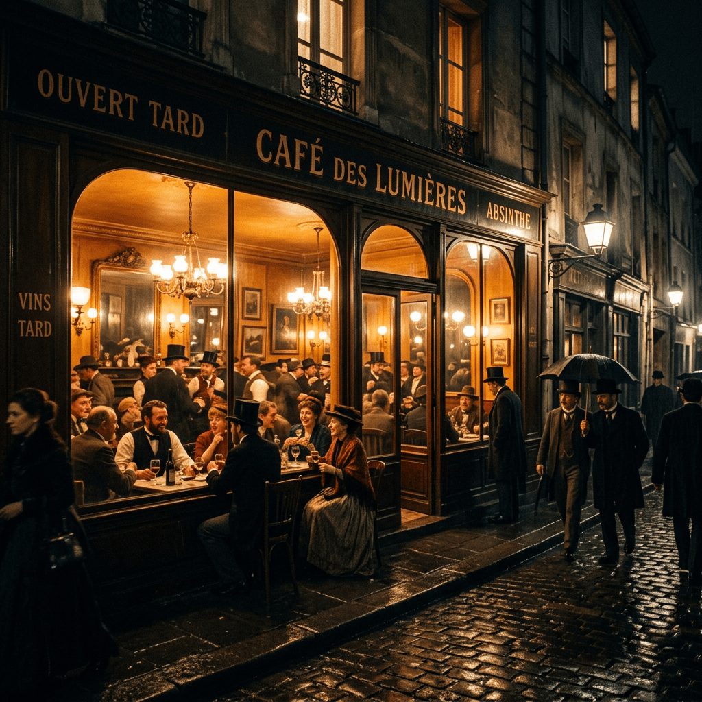 Lively group of people socializing inside warm vintage Paris café at night