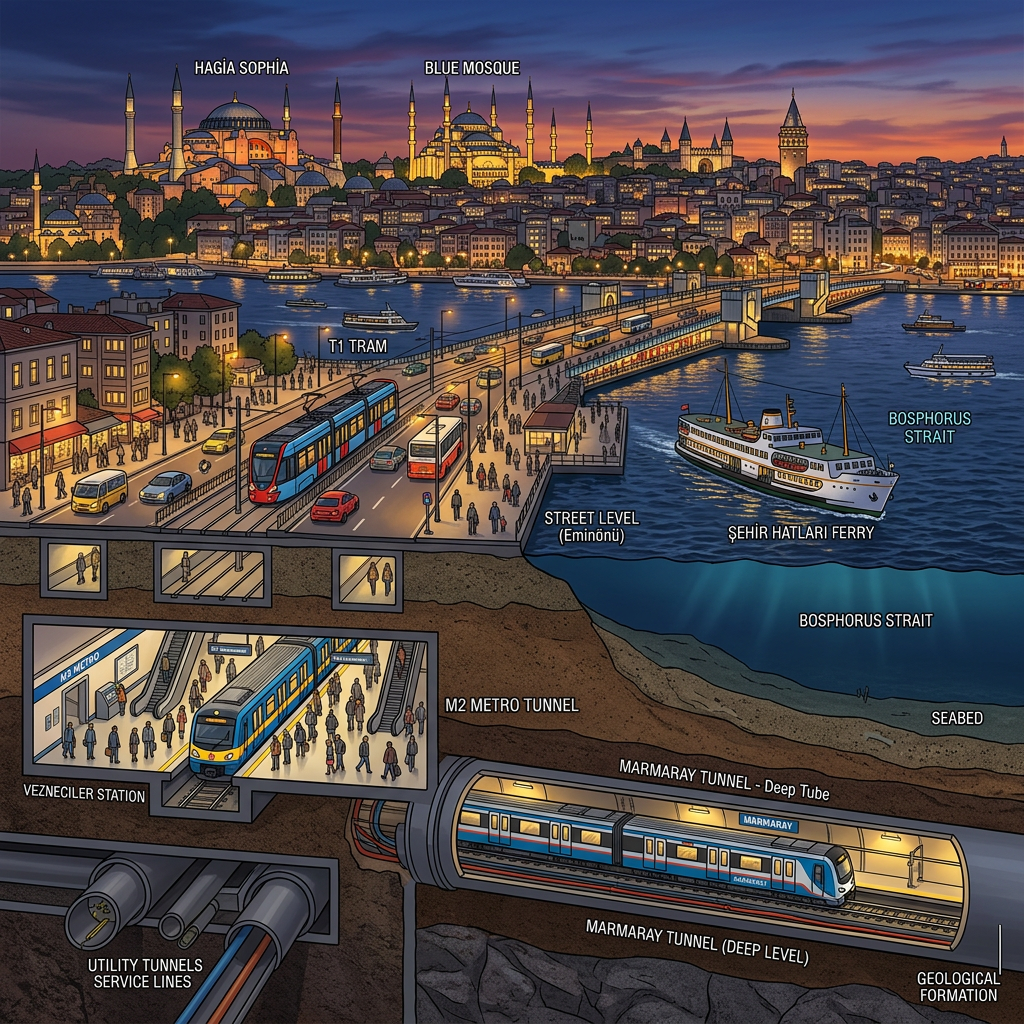 Cross-section illustration of Istanbul showing Bosphorus Strait, historic landmarks, bridges, street tram, ferry, metro tunnels, and underground stations