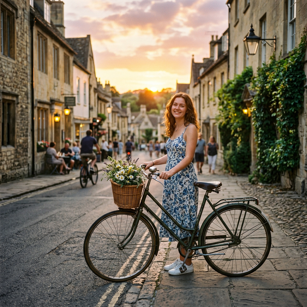 Young woman in blue floral dress standing with bicycle basket of flowers on village street at sunset