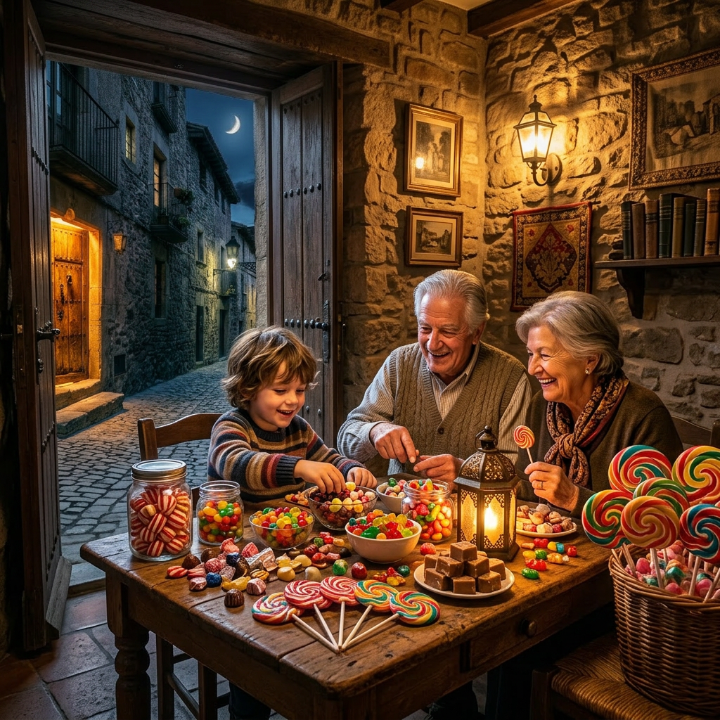 Narrow cobblestone street between stone buildings with glowing lanterns and wooden doors