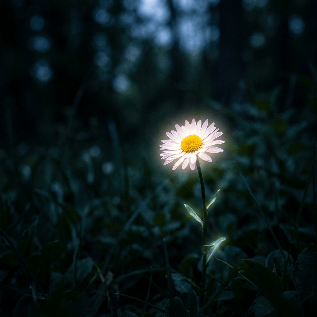 A glowing daisy flower standing alone in dark forest undergrowth