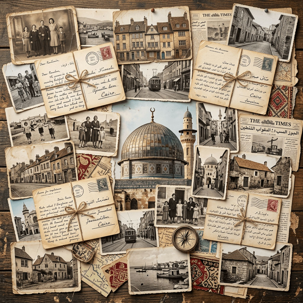 Collage of vintage family photos, postcards with Arabic text, old newspapers, and landmarks including a dome and streets