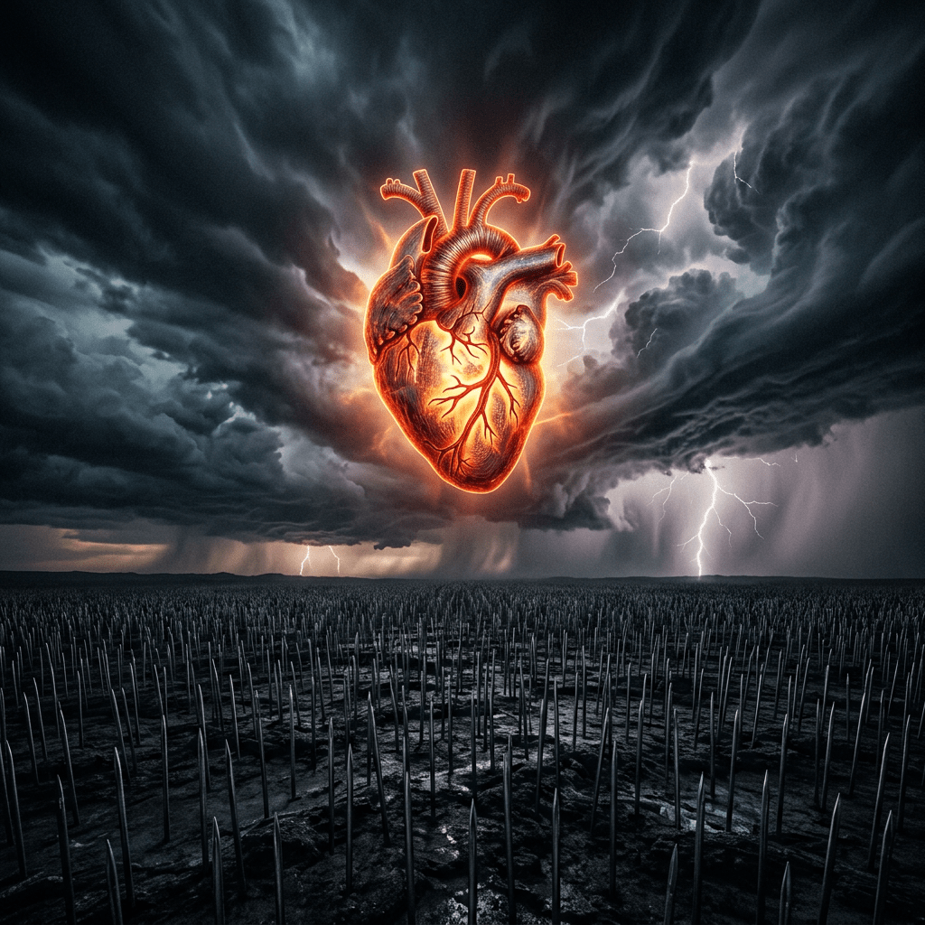 Glowing anatomical heart suspended in dark storm clouds with lightning above barren ground of spikes