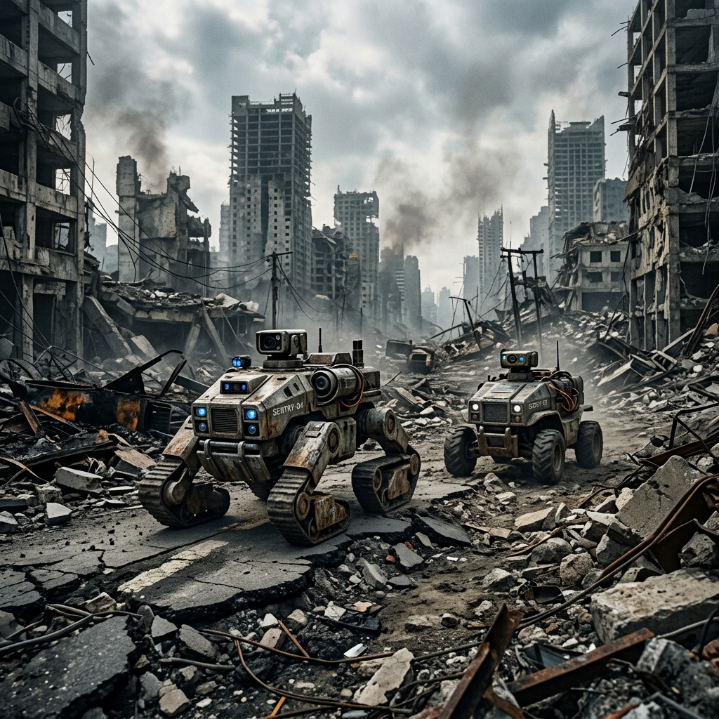 Two robotic reconnaissance vehicles moving through rubble-strewn urban ruins with damaged skyscrapers and smoke in the background