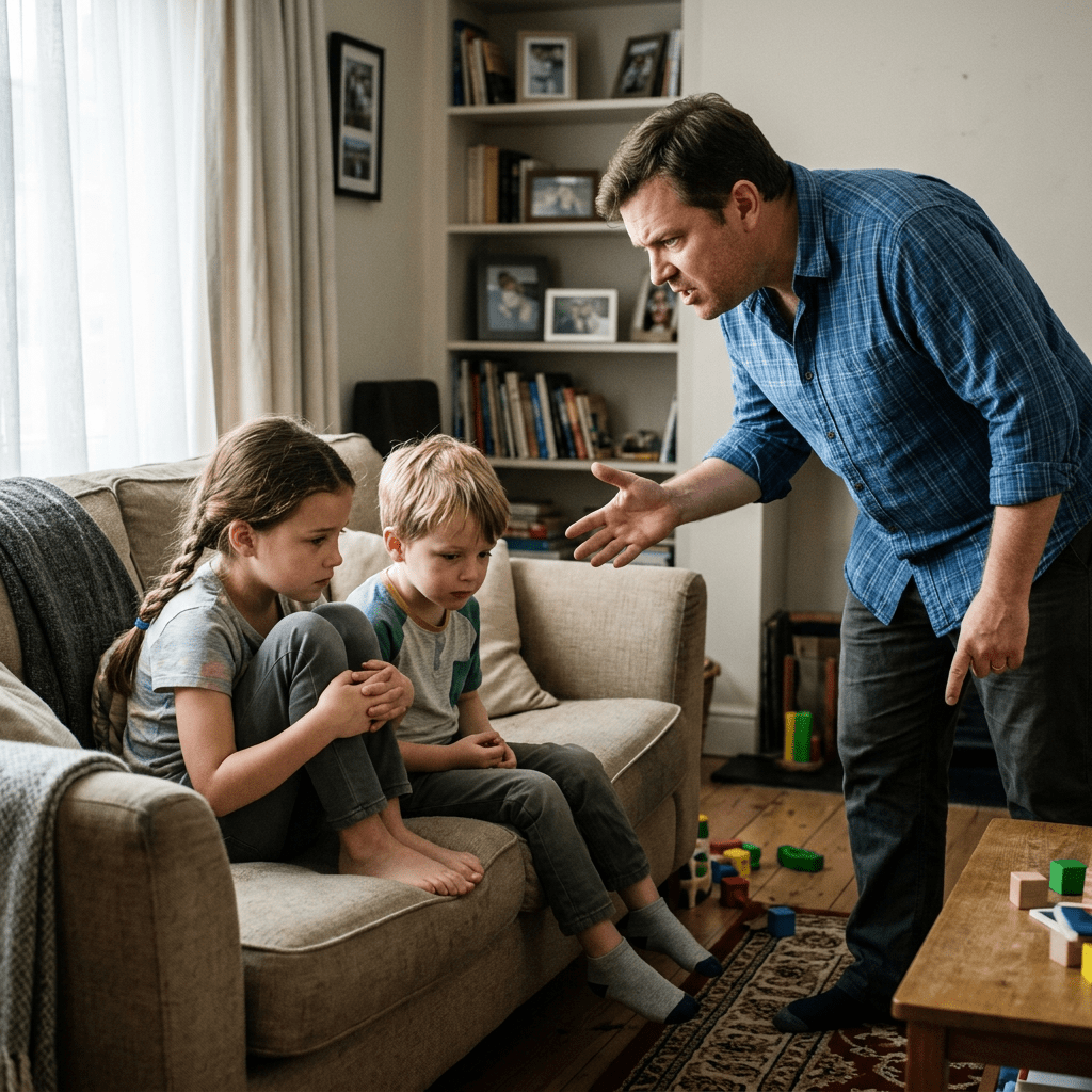 Father leaning toward and talking sternly to two children sitting quietly on a couch