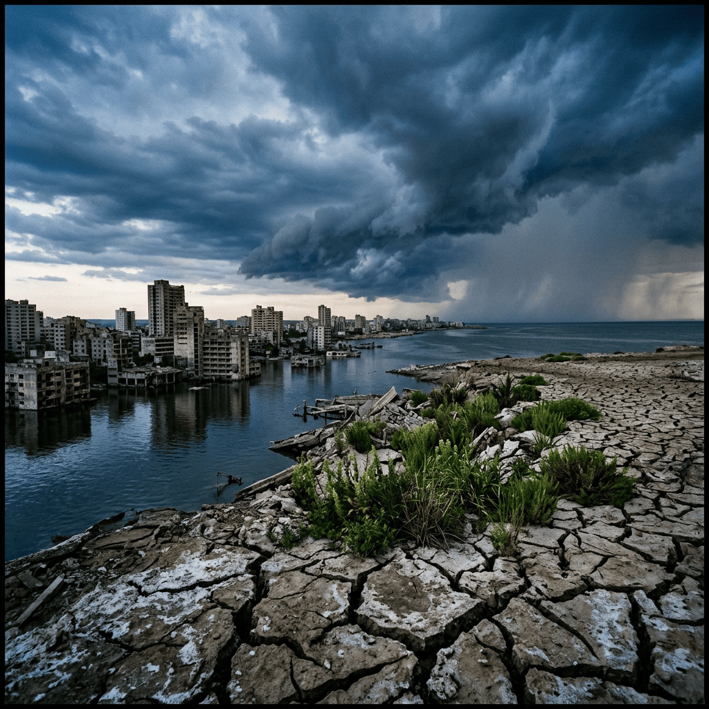 Storm clouds over a coastal city beside cracked rocky shoreline