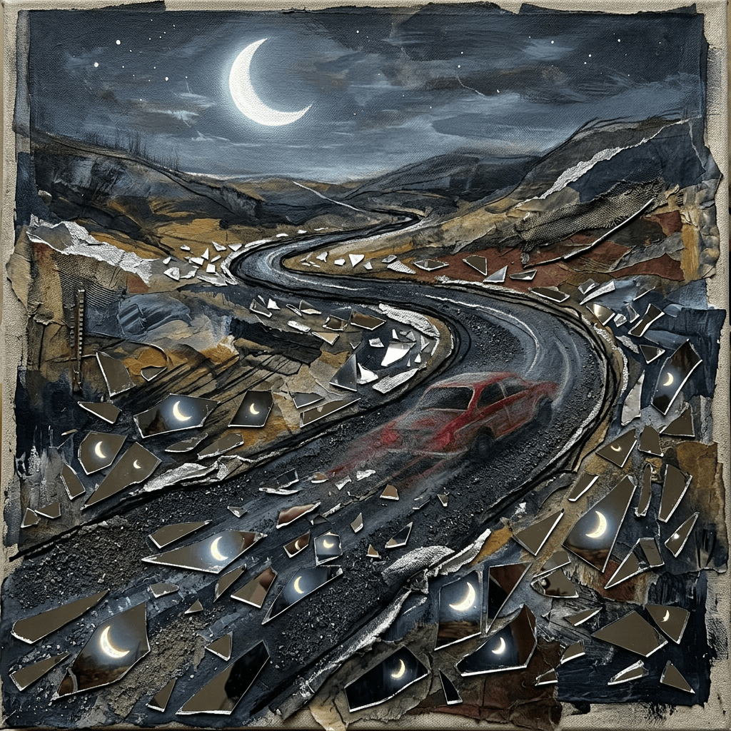 Winding mountain road beneath a crescent moon with shattered reflective fragments