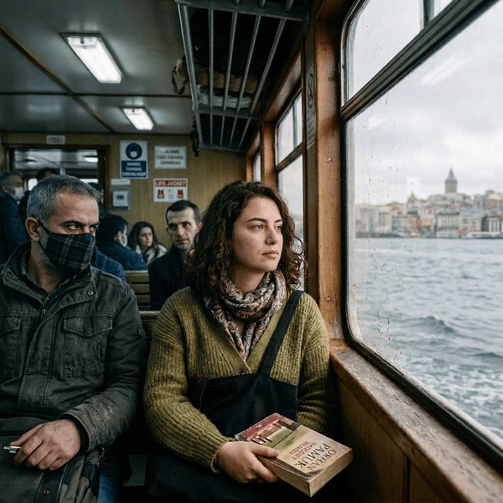 Masked woman holding a book inside a ferry, with Istanbul visible outside