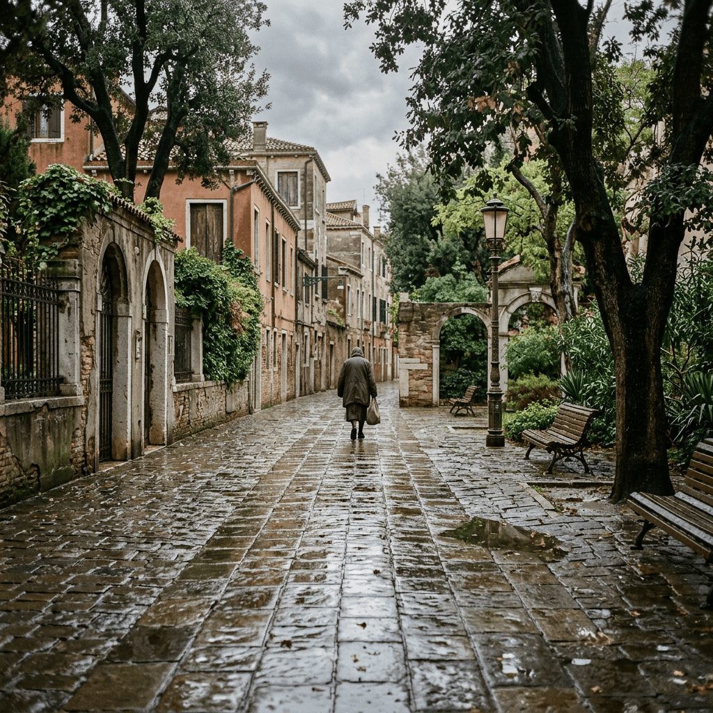Person walking along a rainy cobblestone street beside historic buildings and benches