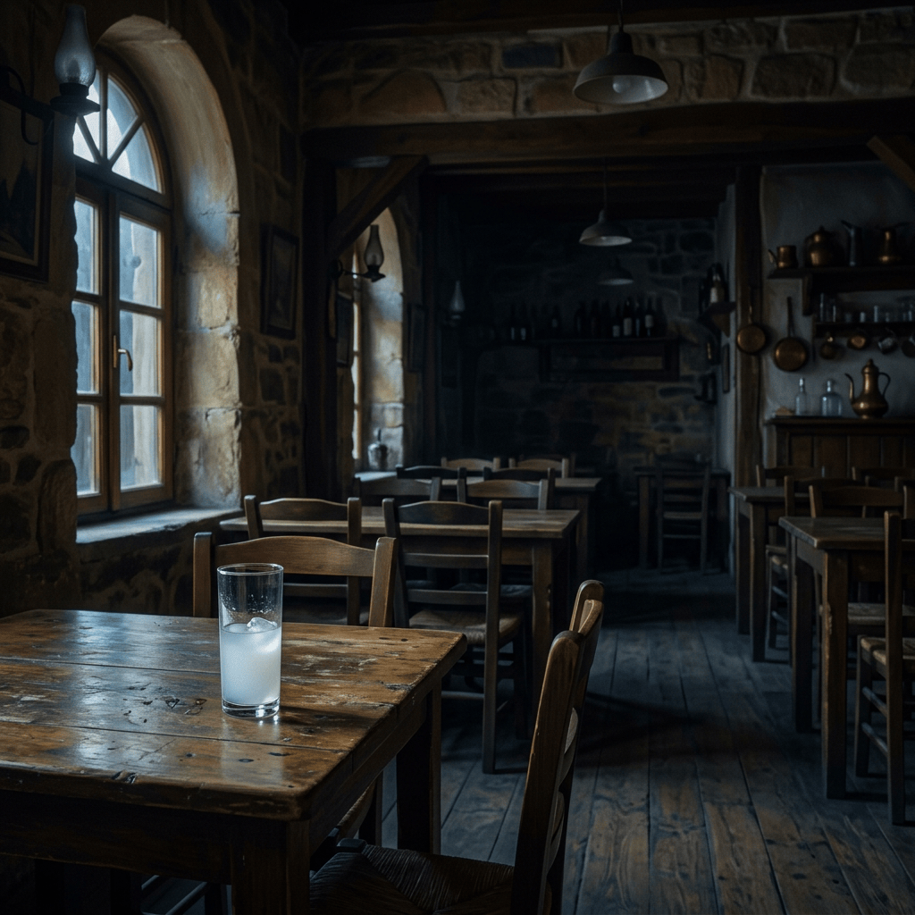 Empty rustic tavern with a frosted glass on a wooden table
