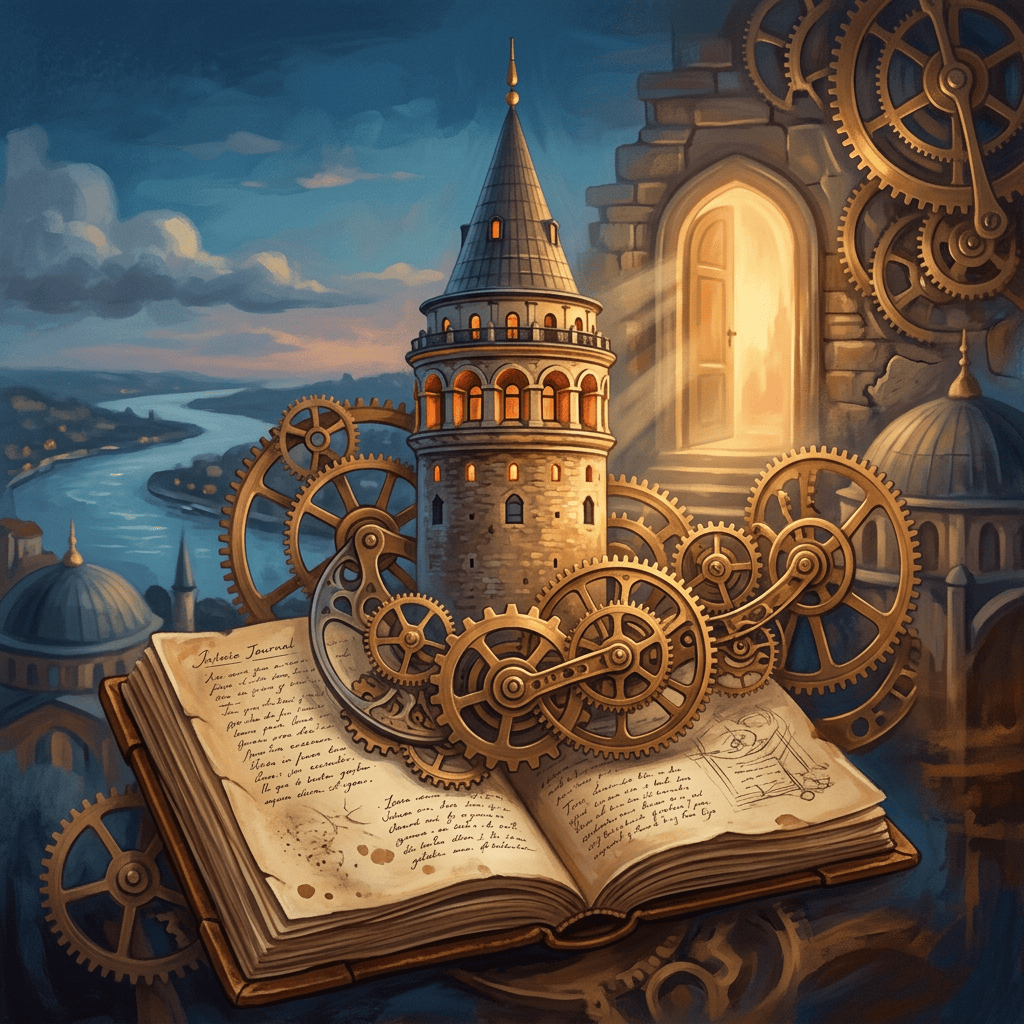 Open illustrated journal with brass gears, tower, river, and glowing doorway