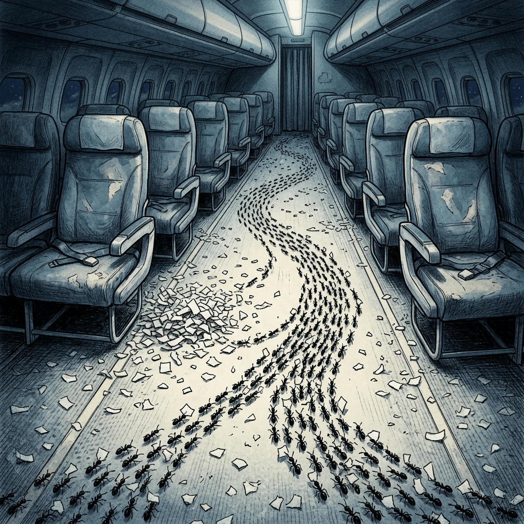 Ants swarm through the aisle of an empty airplane cabin